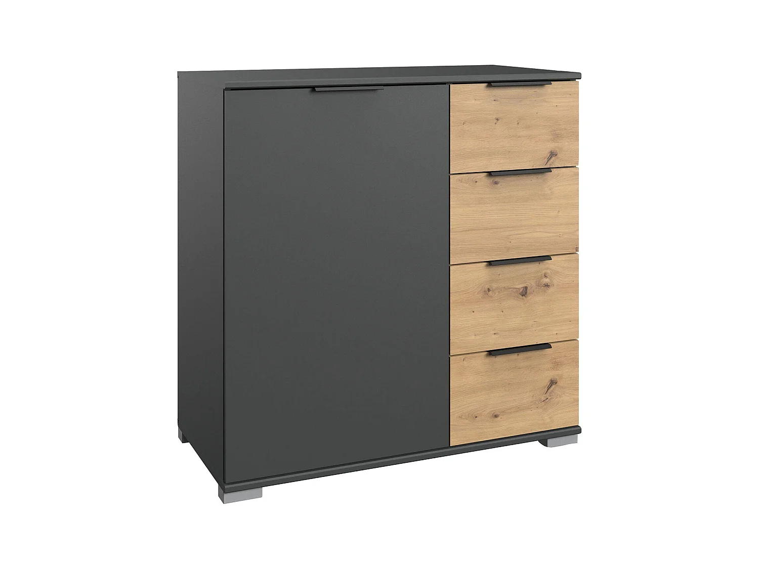 Commode meuble de rangement coloris graphite/imitation chêne artisan - L. 81 x H. 90 x P. 41 cm
