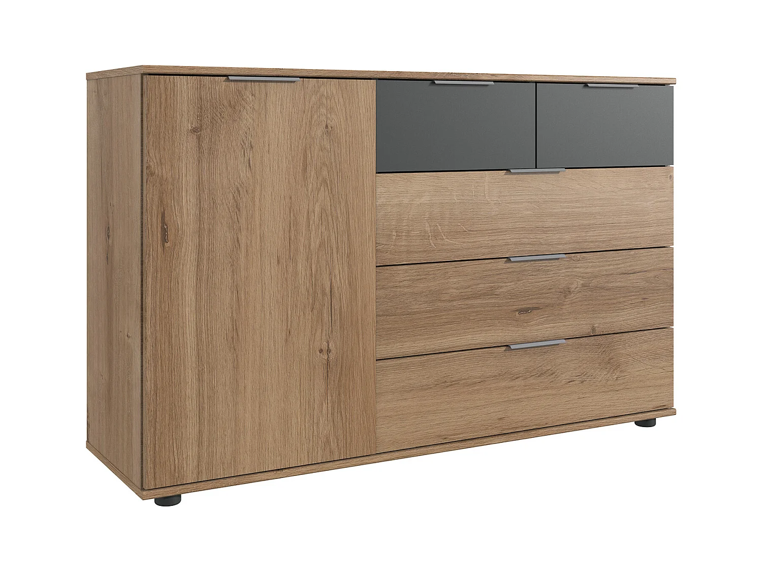 Commode, meuble de rangement coloris imitation chêne poutre, rechampis graphite
