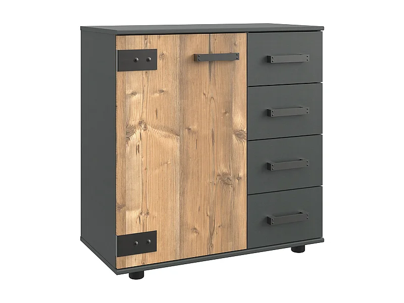 Commode meuble de rangement coloris imitation chêne/gris foncé - L. 81 x H. 83 x P. 41 cm