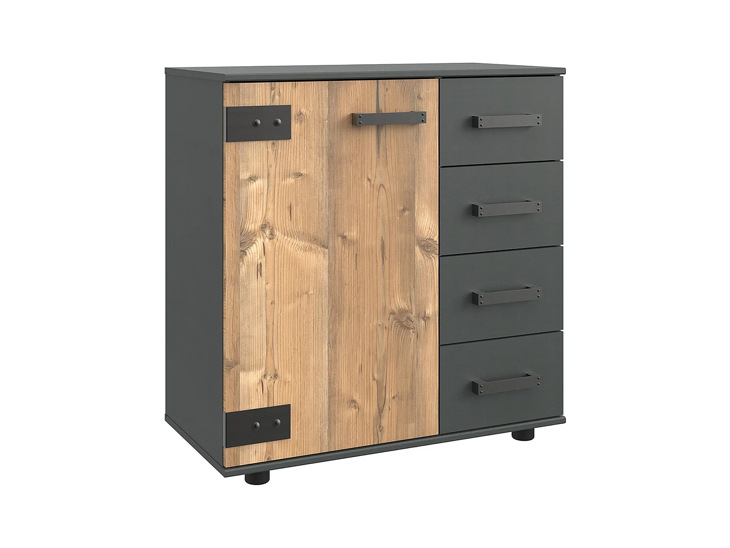 Commode meuble de rangement coloris imitation chêne/gris foncé - L. 81 x H. 83 x P. 41 cm