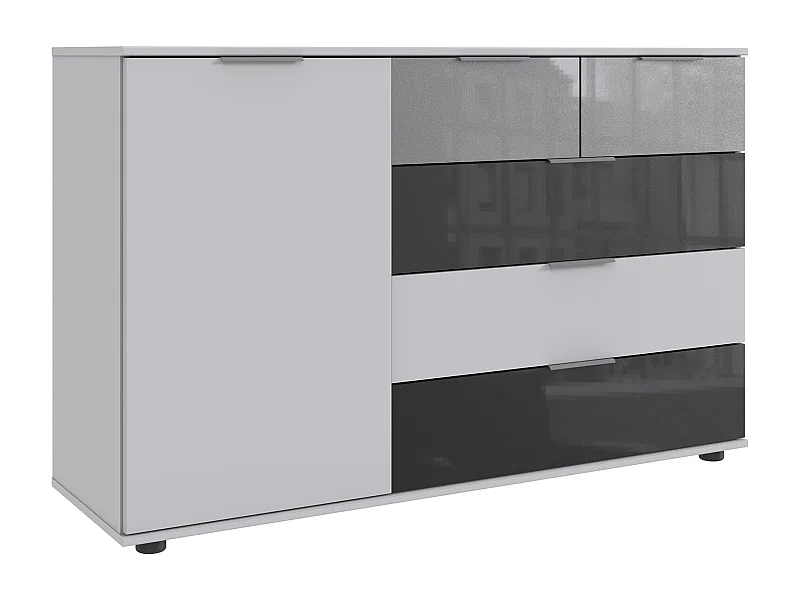 Commode buffet, meuble de rangement coloris blanc, rechampis et verre coloris gris