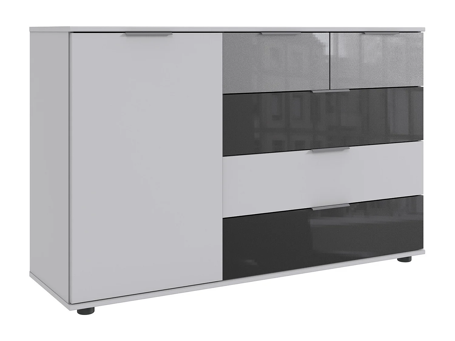 Commode buffet, meuble de rangement coloris blanc, rechampis et verre coloris gris