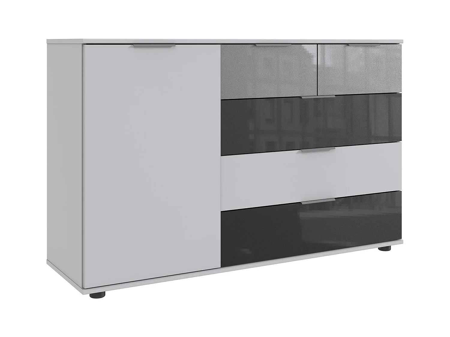 Commode buffet, meuble de rangement coloris blanc, rechampis et verre coloris gris