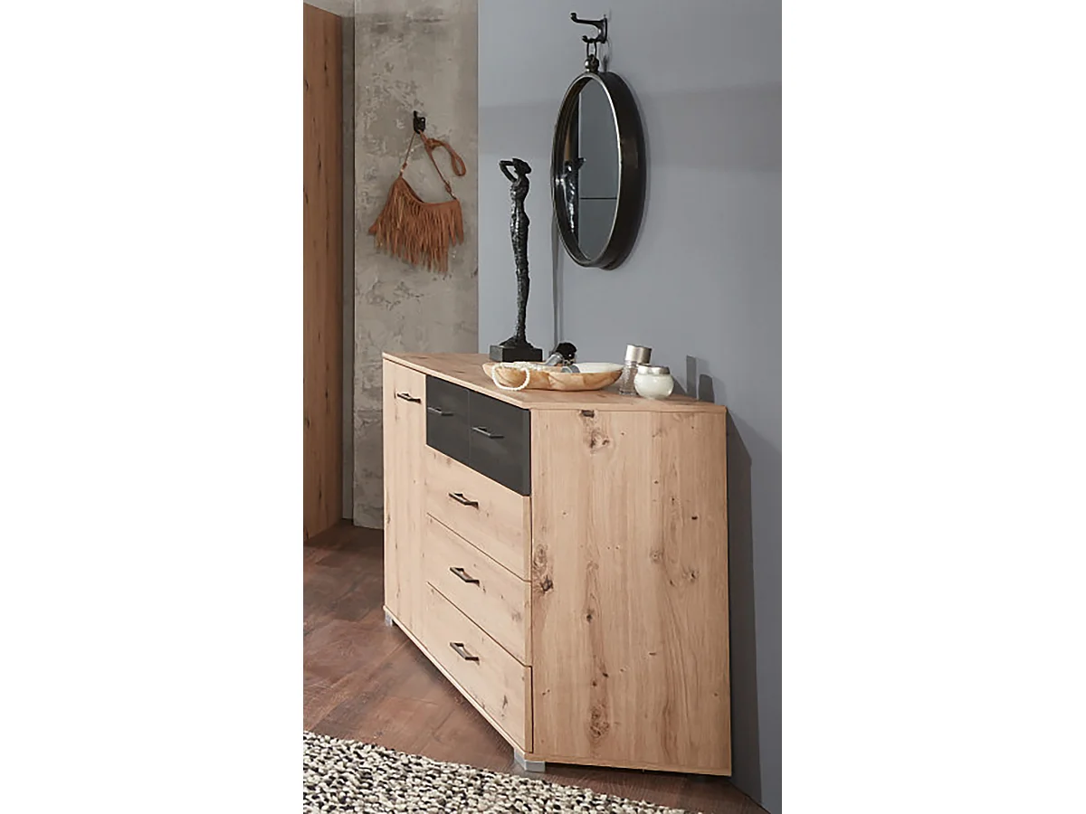 Commode meuble de rangement coloris imitation chêne artisan/graphite - L. 130 x H. 83 x P. 41 cm