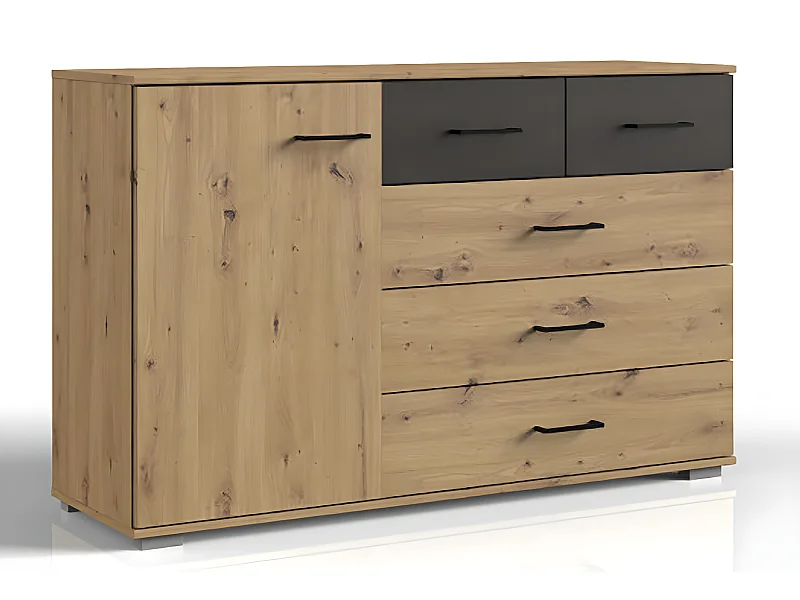 Commode meuble de rangement coloris imitation chêne artisan/graphite - L. 130 x H. 83 x P. 41 cm