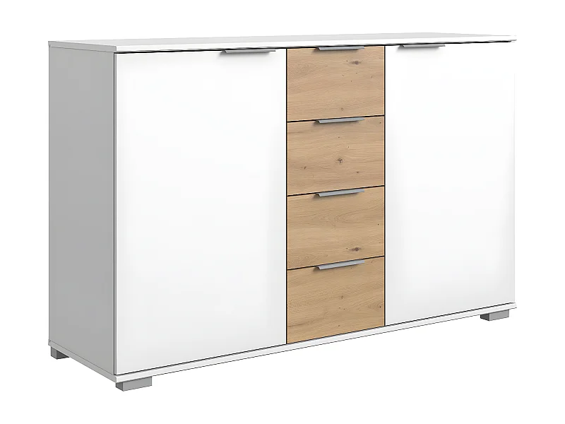 Commode/meuble de rangement coloris blanc/imitation chêne artisan - L. 130 x H. 90 x P. 41 cm