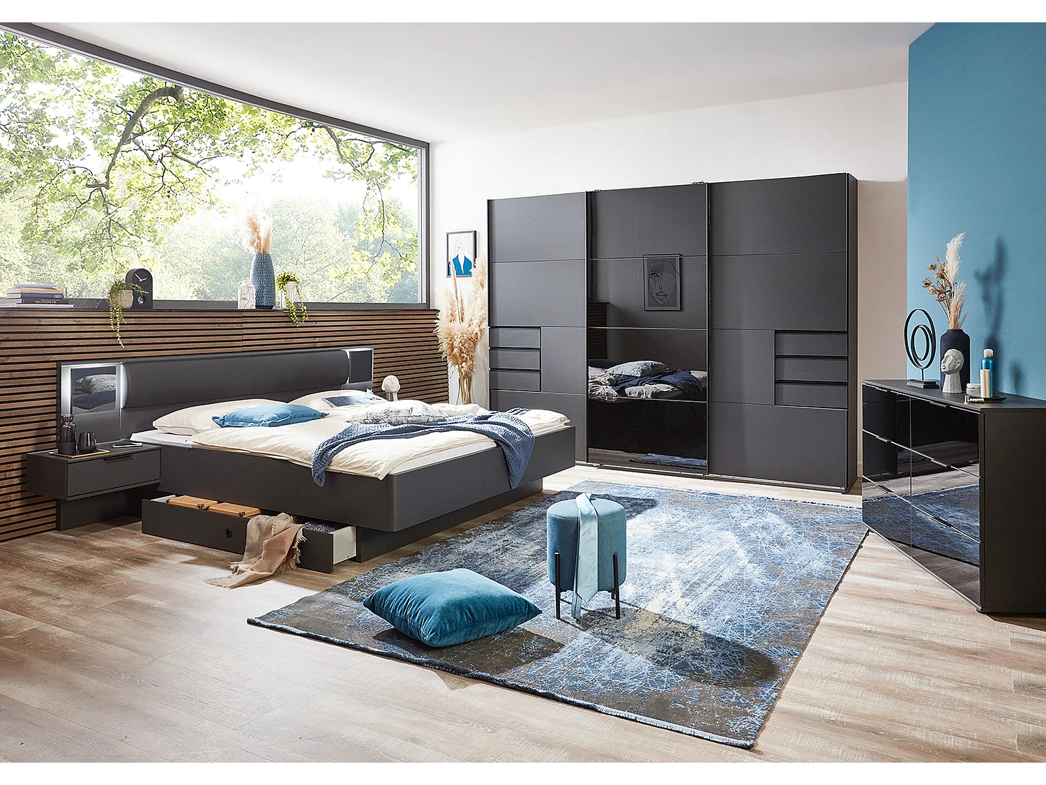 Commode meuble de rangement 6 tiroirs coloris gris graphite - L. 130 x H. 83 x P. 41 cm