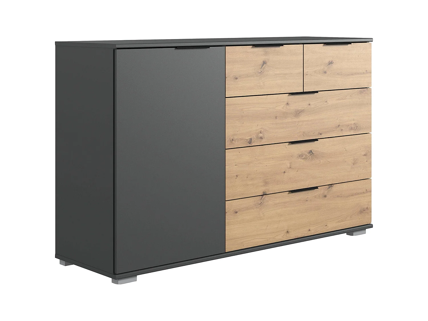 Commode meuble de rangement, coloris graphite/imitation chêne artisan - L. 130 x H. 90 x P. 41 cm