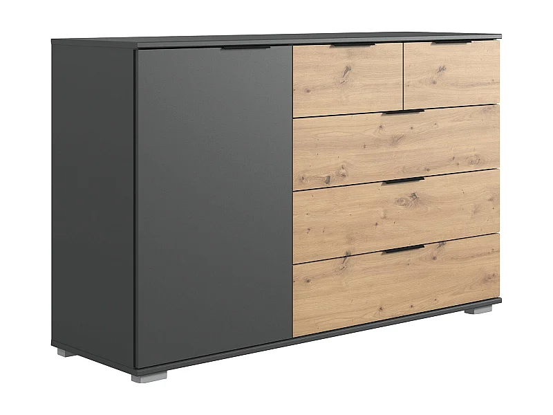 Commode meuble de rangement, coloris graphite/imitation chêne artisan - L. 130 x H. 90 x P. 41 cm