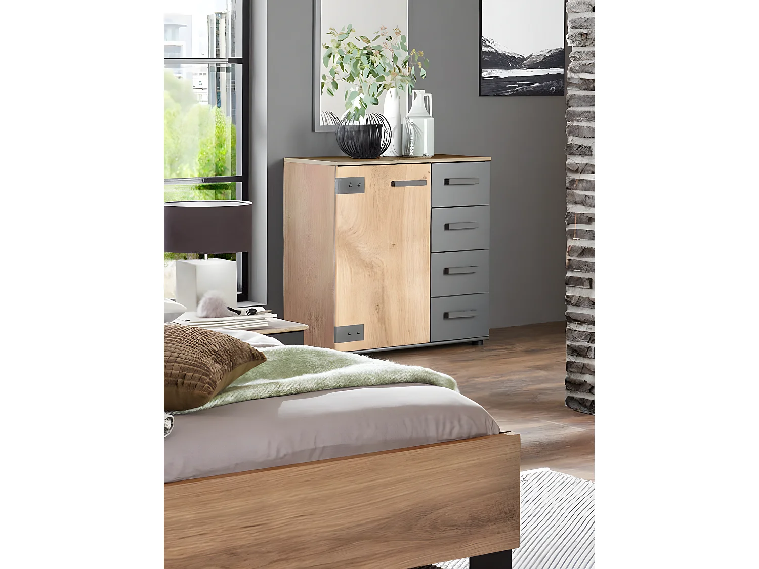 Commode meuble de rangement coloris chêne foncé - L. 81 x H. 83 x P. 41 cm