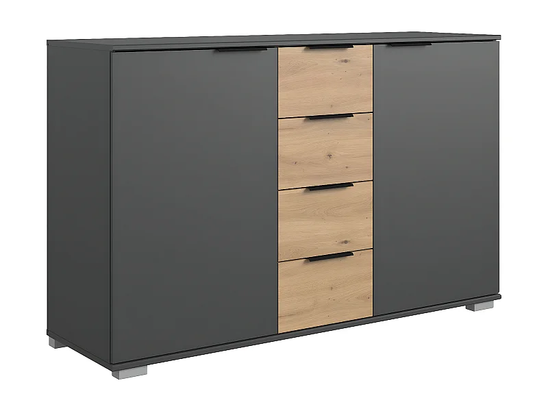 Commode/meuble de rangement coloris graphite/imitation chêne artisan - L. 130 x H. 90 x P. 41 cm