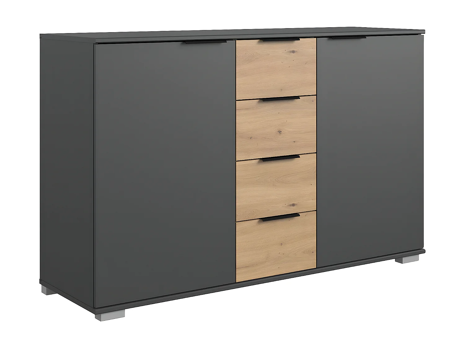 Commode/meuble de rangement coloris graphite/imitation chêne artisan - L. 130 x H. 90 x P. 41 cm