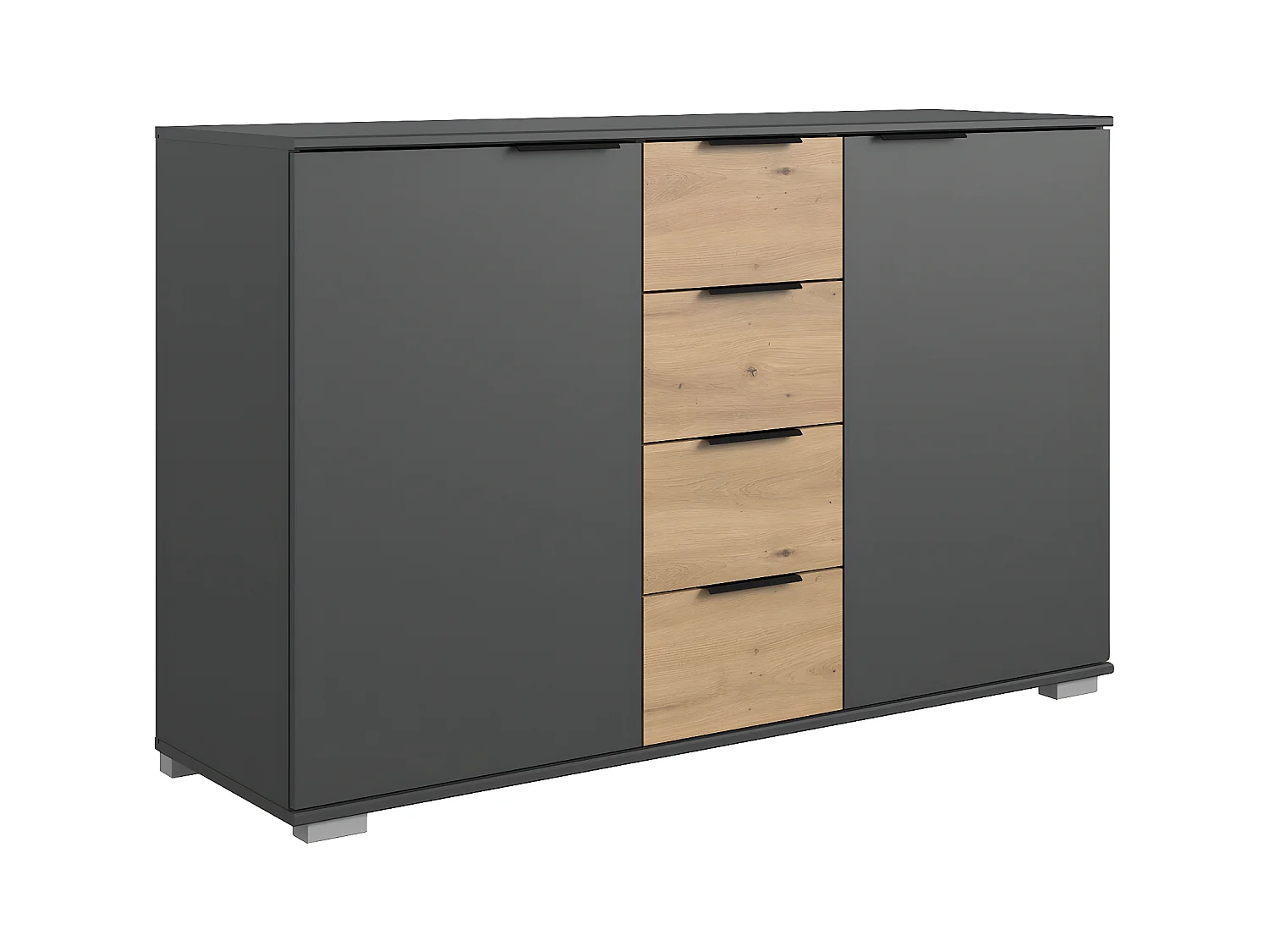 Commode/meuble de rangement coloris graphite/imitation chêne artisan - L. 130 x H. 90 x P. 41 cm