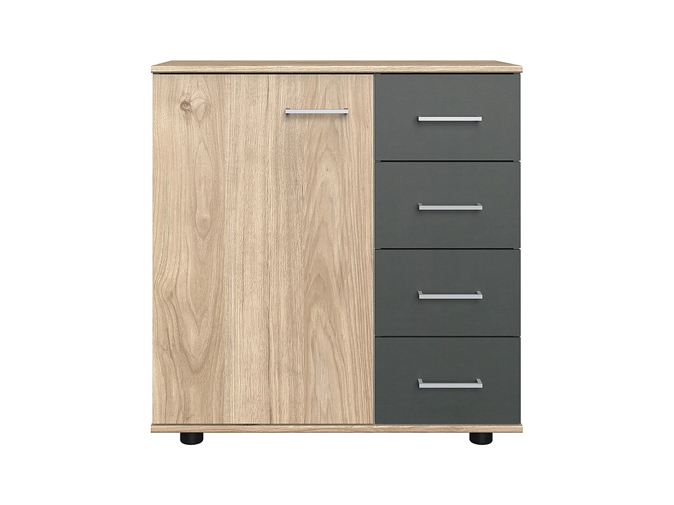 Commode, meuble de rangement coloris Imitation chêne Hickory rechampis, graphite - Longueur 81 x Hauteur 83 x Profondeur 41 cm