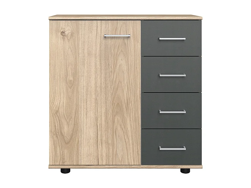 Commode, meuble de rangement coloris Imitation chêne Hickory rechampis, graphite - Longueur 81 x Hauteur 83 x Profondeur 41 cm