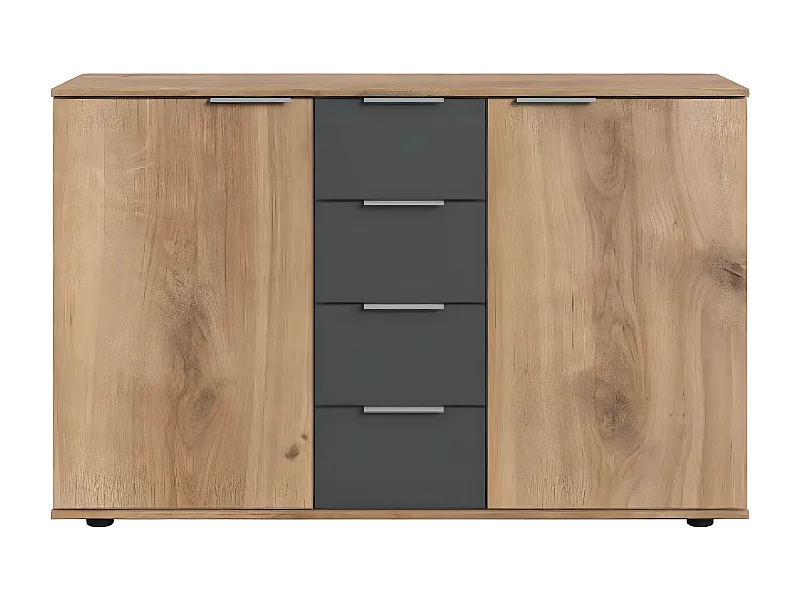 Commode meuble de rangement coloris imitation chêne poutre/graphite - L. 130 x H. 83 x P. 41 cm