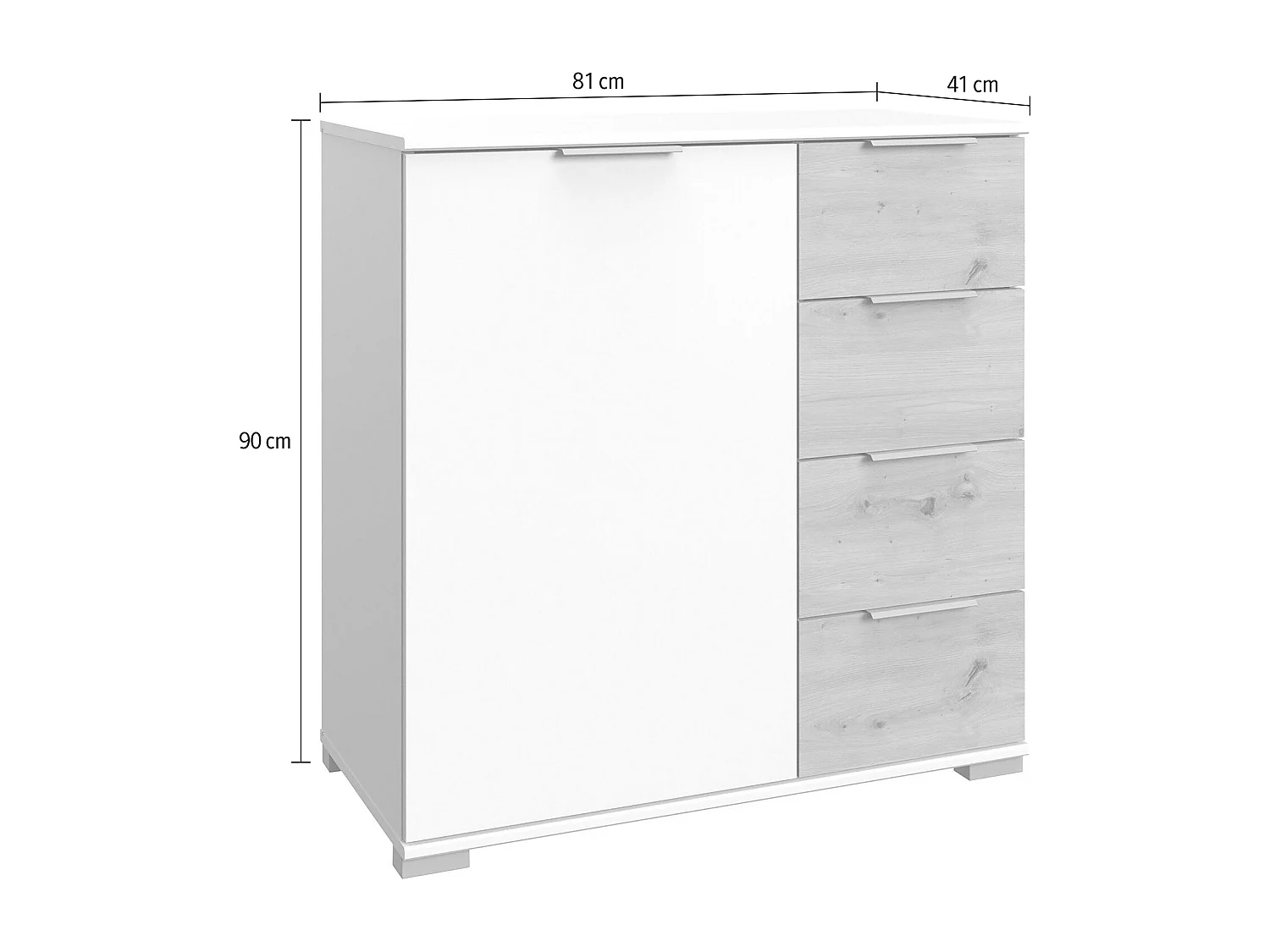 Commode meuble de rangement coloris blanc/imitation chêne artisan - L. 81 x H. 90 x P. 41 cm