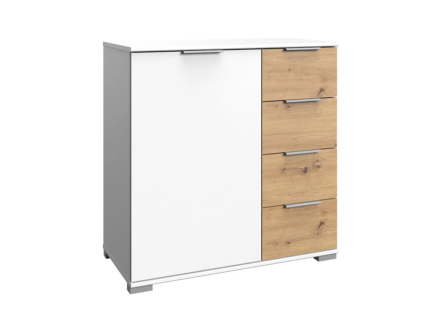 Commode meuble de rangement coloris blanc/imitation chêne artisan - L. 81 x H. 90 x P. 41 cm