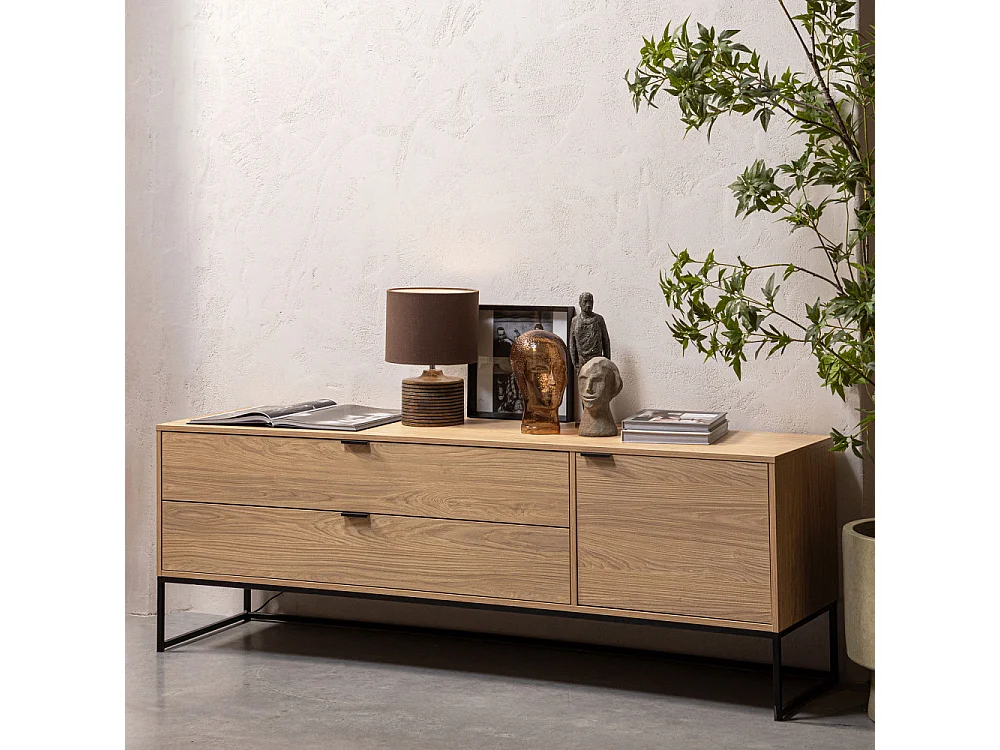 Silas - Meuble TV 1 porte 2 tiroirs en bois L180cm - Bois clair