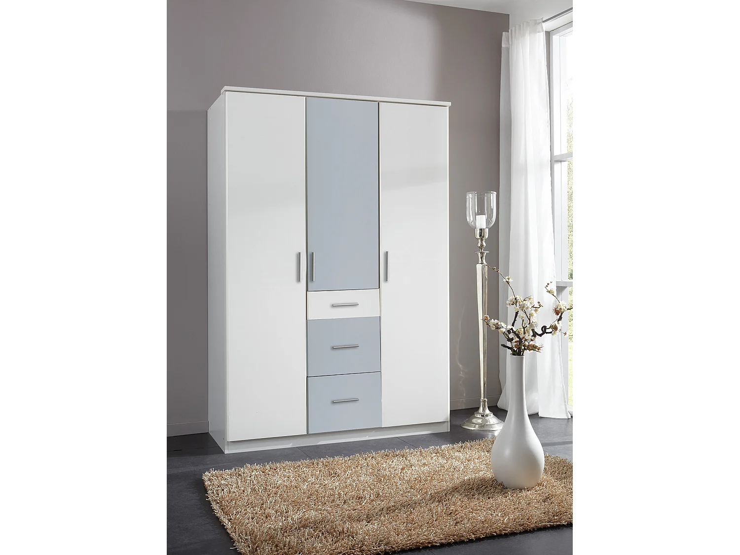 Armoire Placard, meuble de rangement coloris Blanc, rechampis gris clair