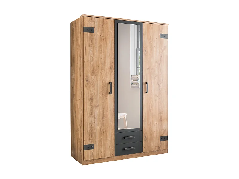 Armoire placard meuble de rangement coloris imitation chêne poutre/graphite