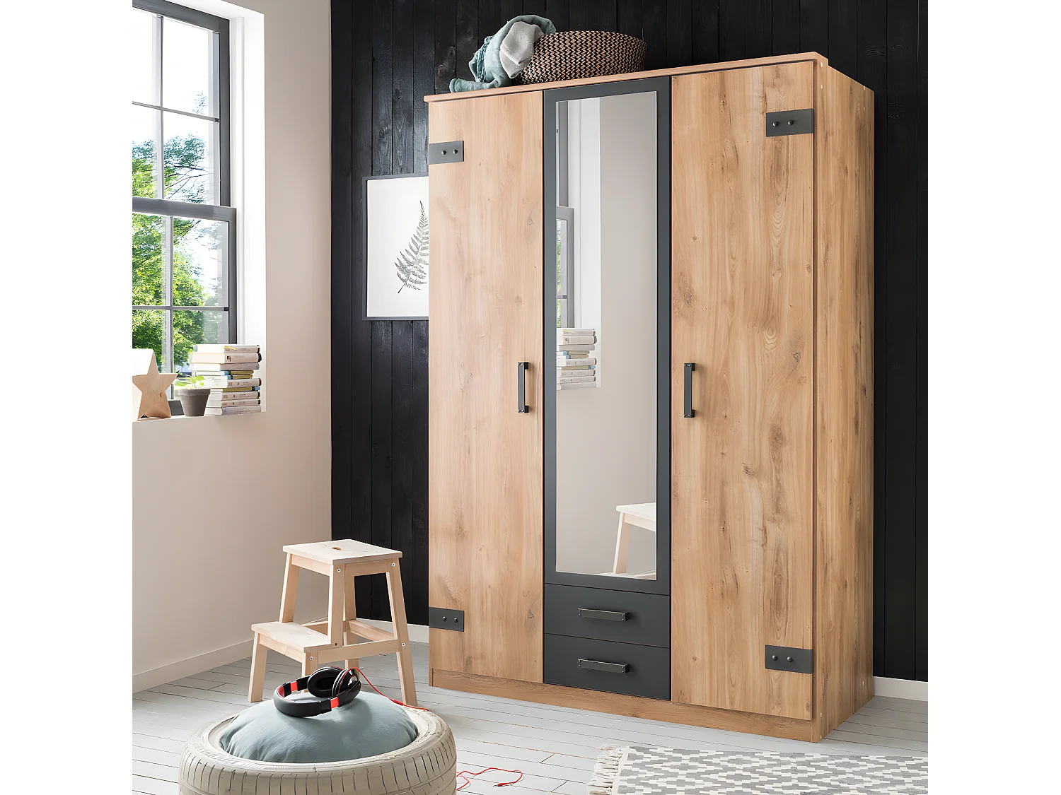 Armoire placard meuble de rangement coloris imitation chêne poutre/graphite