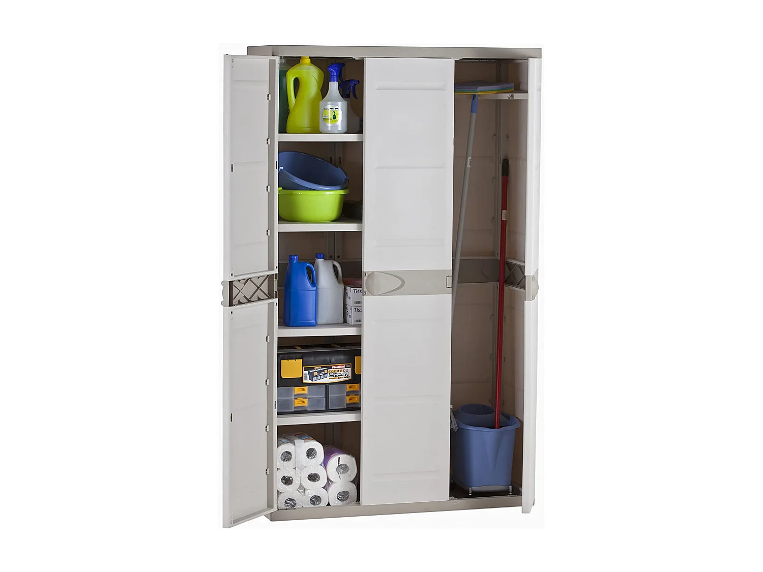 Armoire meuble de rangement 3 portes intérieur/extérieur coloris beige - L. 105 X P. 44 X H. 176 Cm