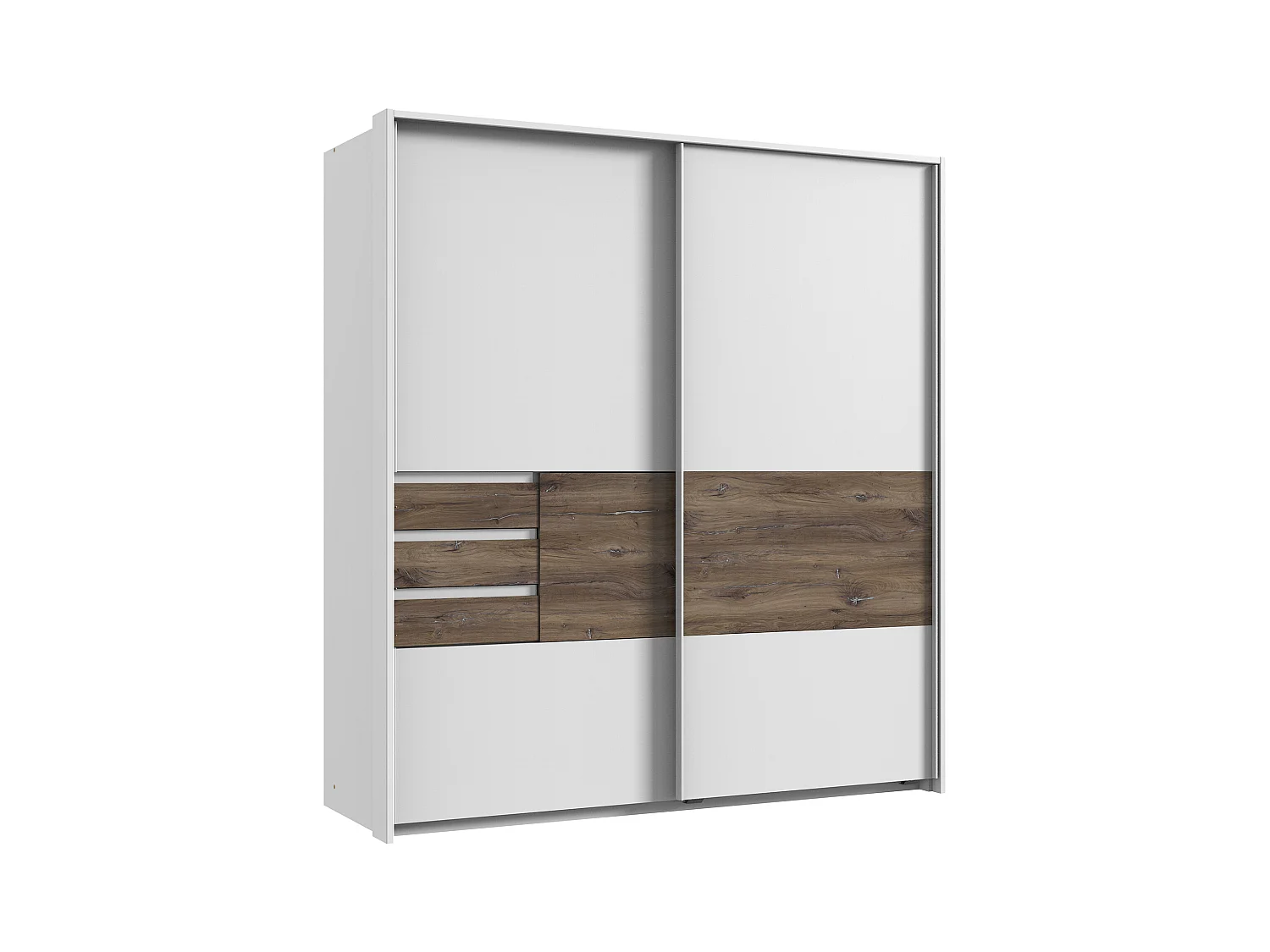Armoire, meuble de rangement coloris Blanc , rechampis imitation chêne - L. 180 x H. 198 x P. 65 cm 