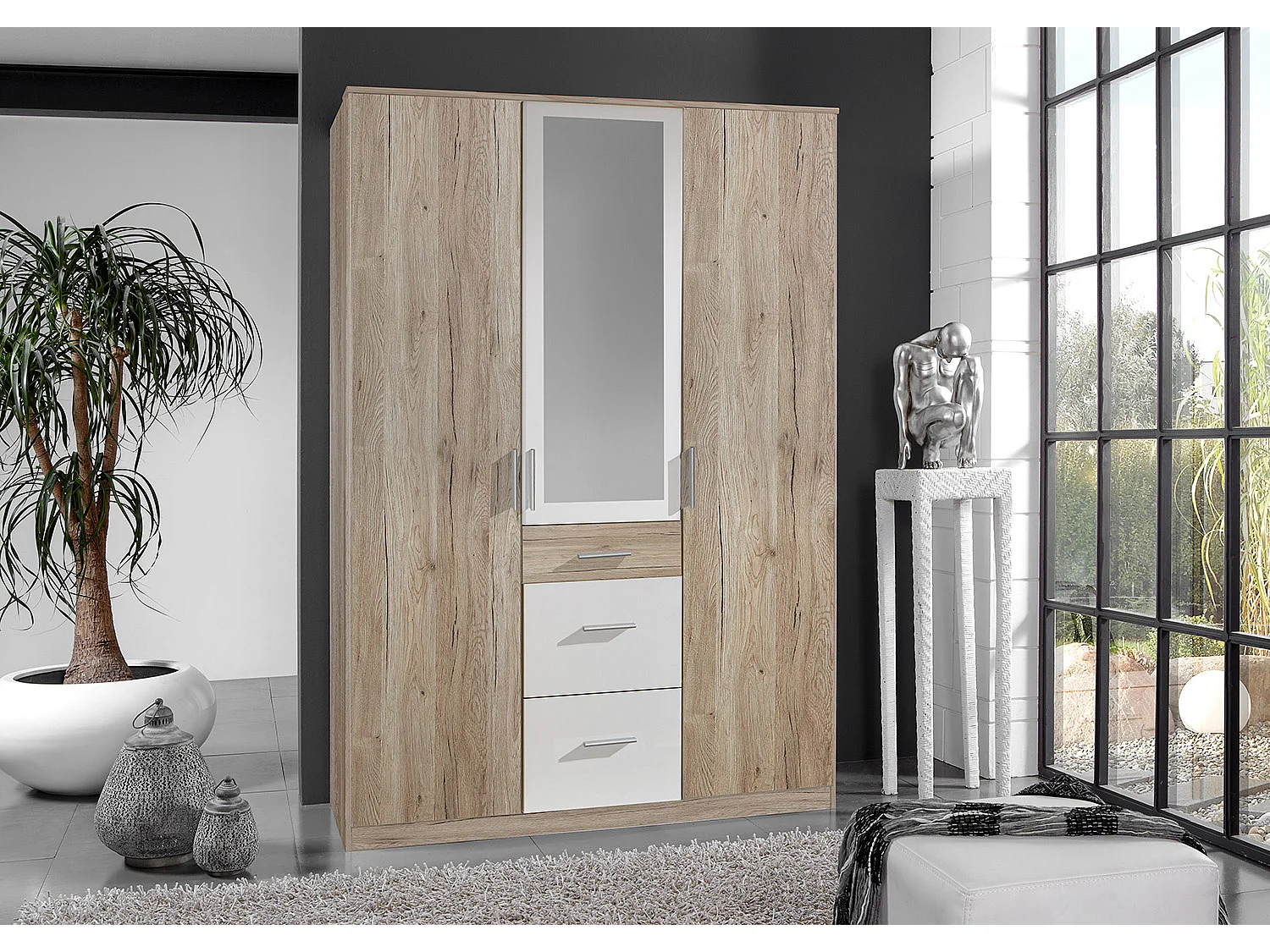 Armoire Placard, meuble de rangement Imitation chêne San Remo, rechampis blanc