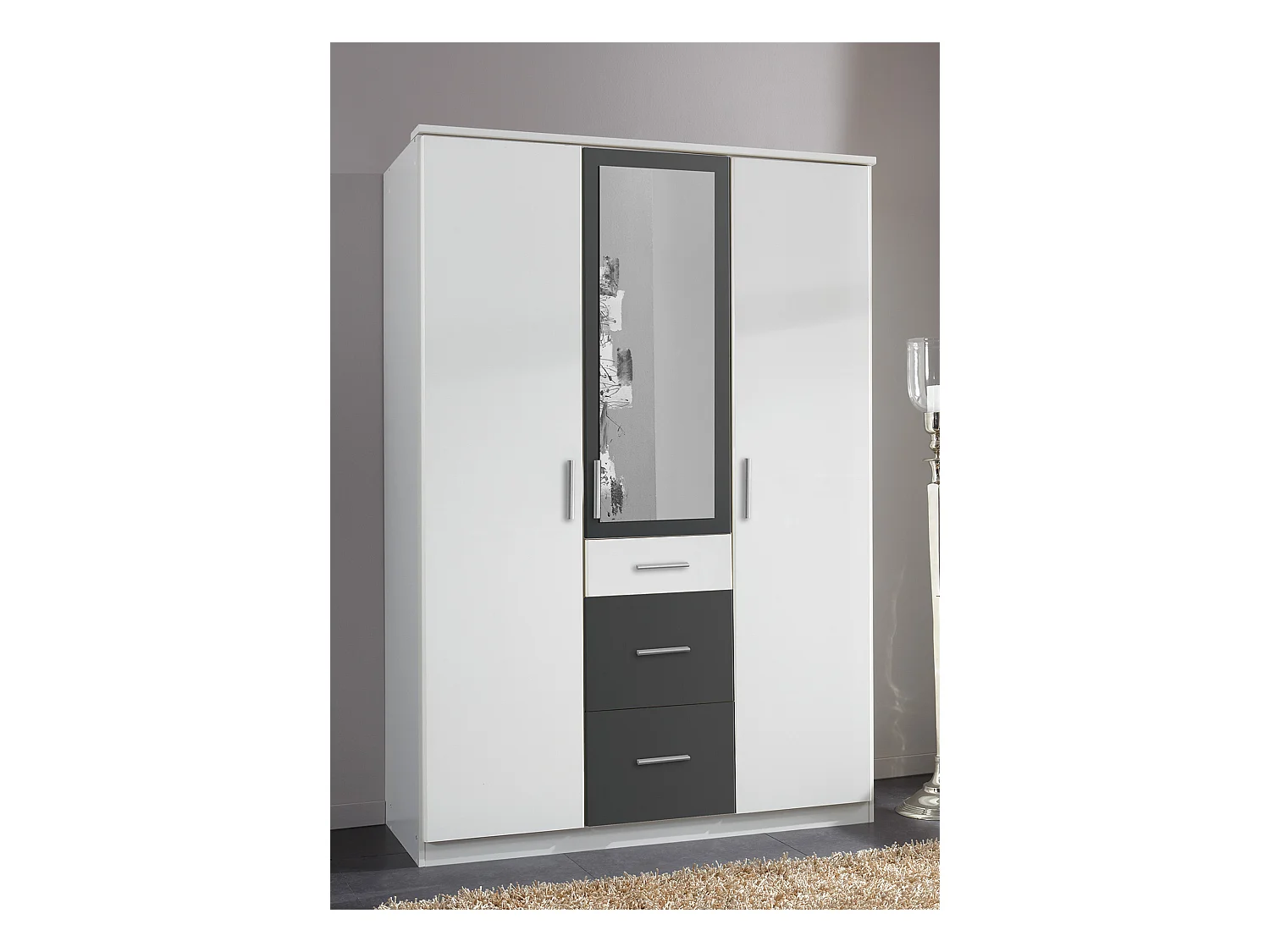 Armoire Placard, meuble de rangement + 1 miroir Blanc, rechampis graphite