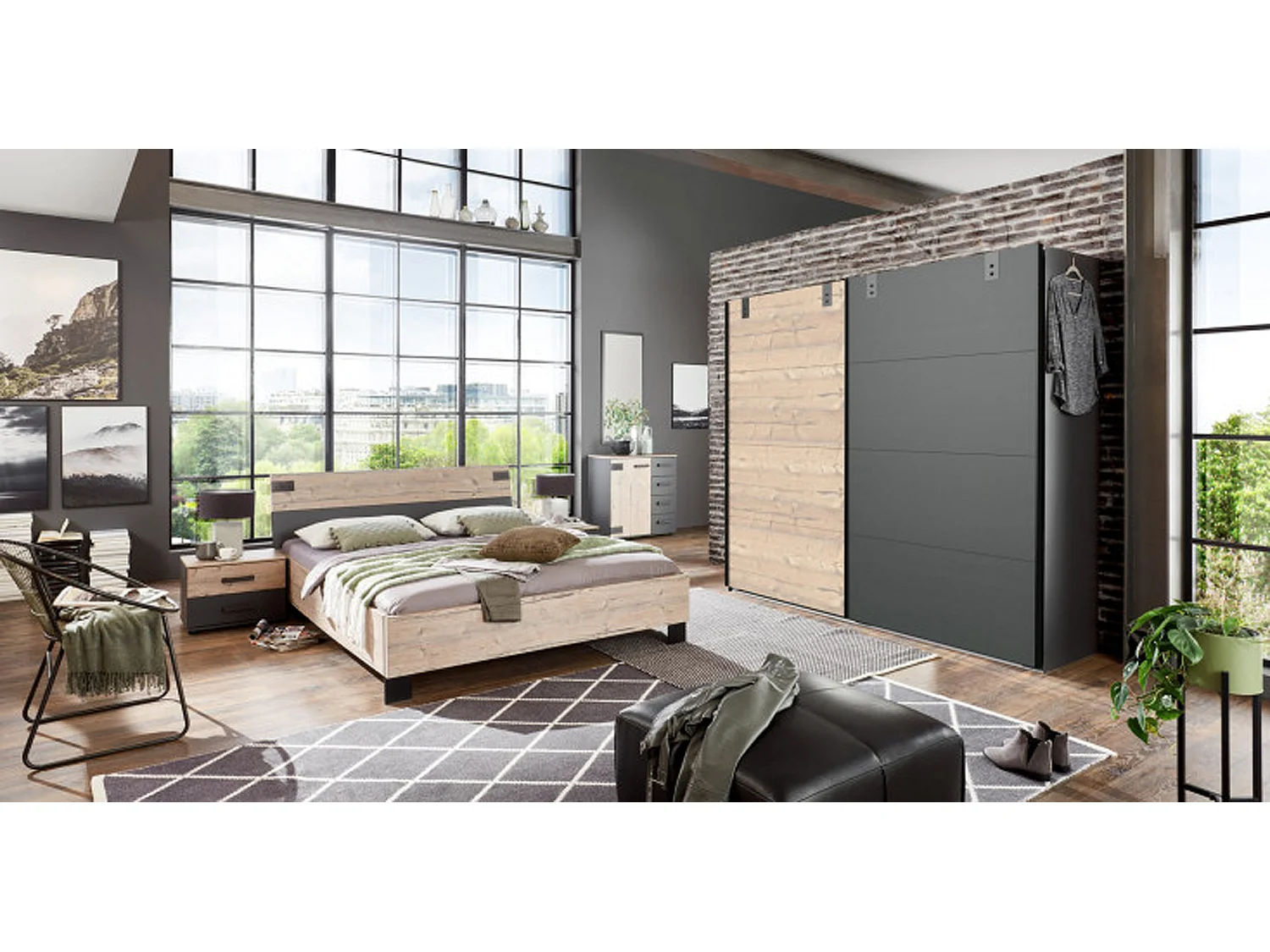 Armoire placard meuble de rangement , coloris chêne - L. 225 x H. 210 x P. 65 cm