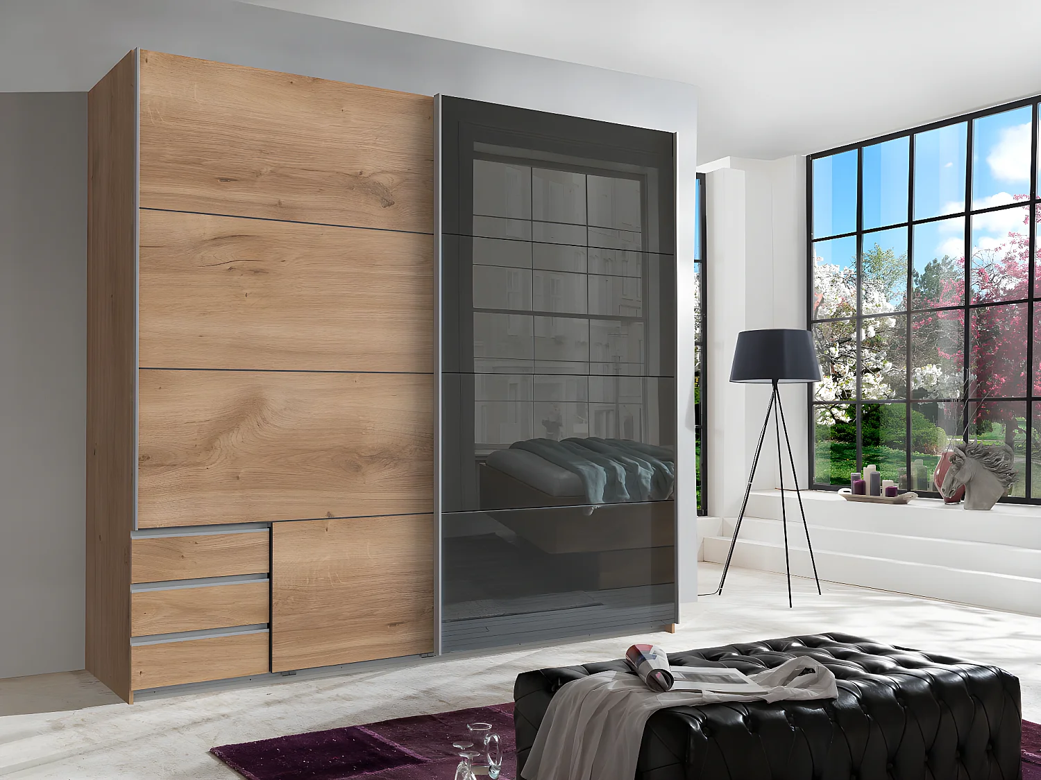 Armoire placard meuble de rangement coloris imitation chêne poutre/graphite