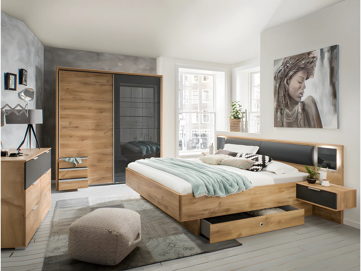 Armoire placard meuble de rangement coloris imitation chêne poutre/graphite