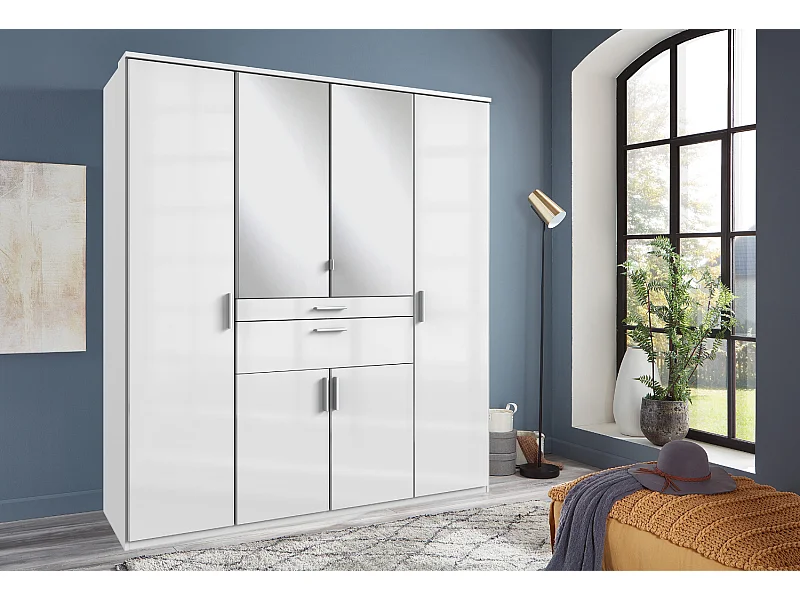 Armoire avec 2 corniches + miroir coloris blanc laqué cassé, corps blanc