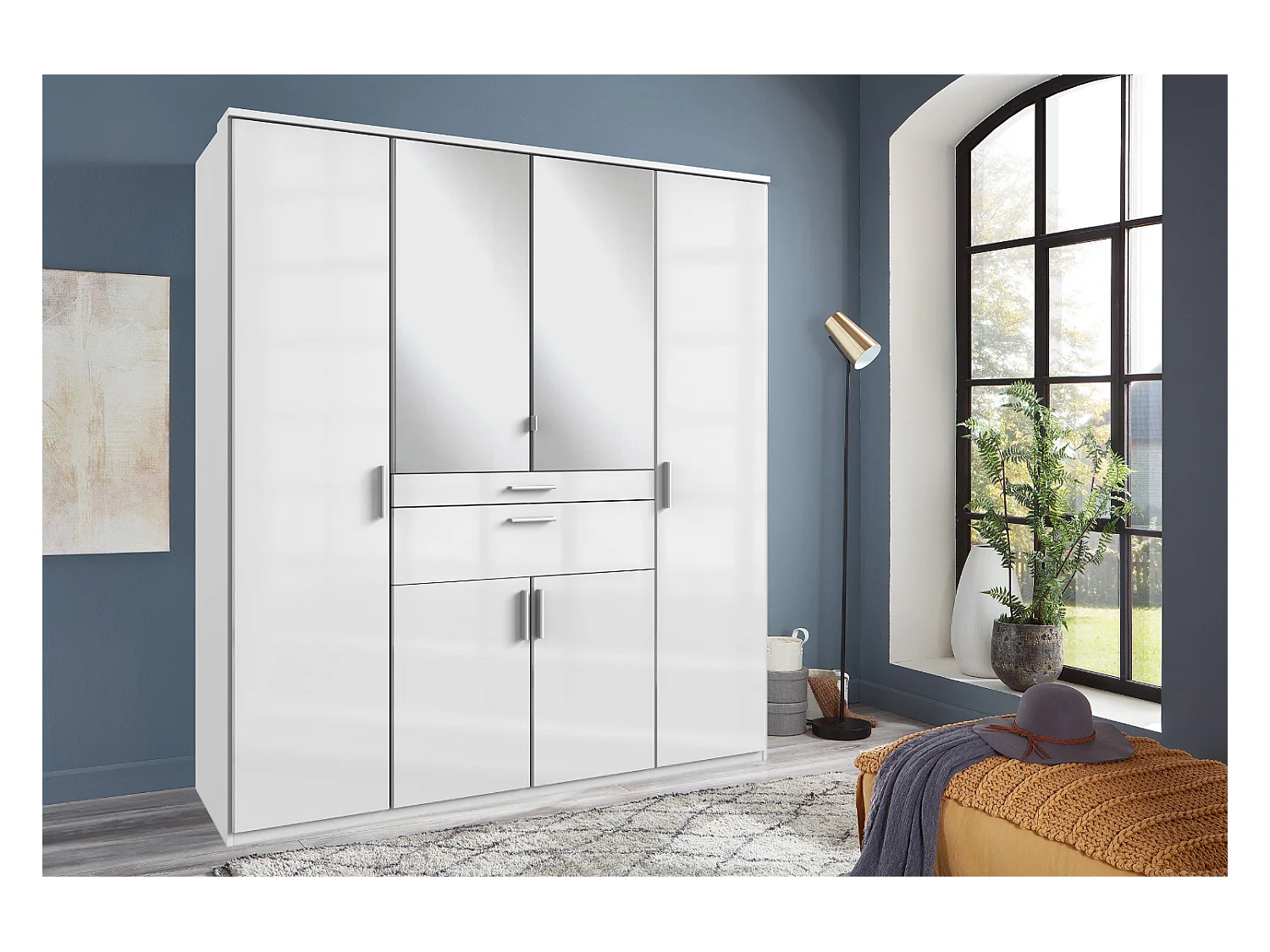 Armoire avec 2 corniches + miroir coloris blanc laqué cassé, corps blanc