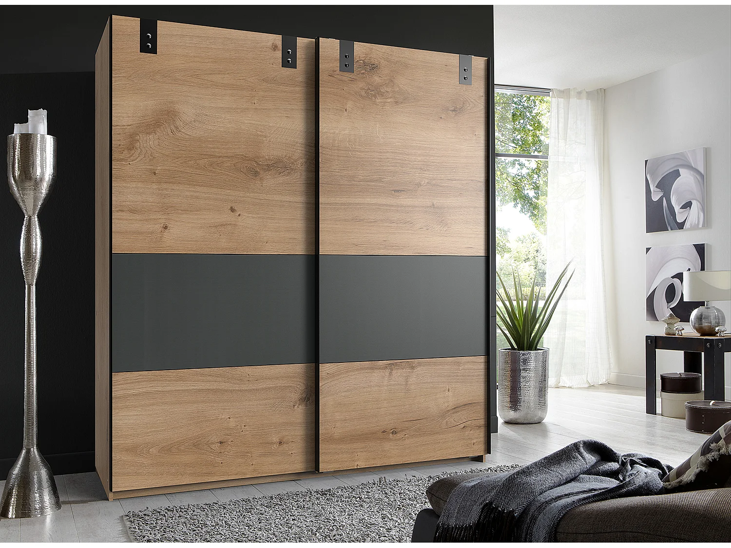 Armoire placard meuble de rangement coloris imitation chêne poutre/ graphite