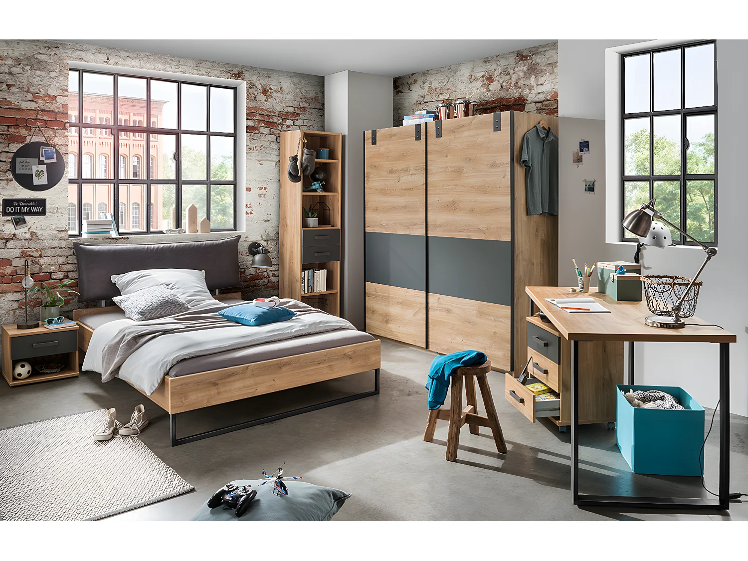 Armoire placard meuble de rangement coloris imitation chêne poutre/ graphite