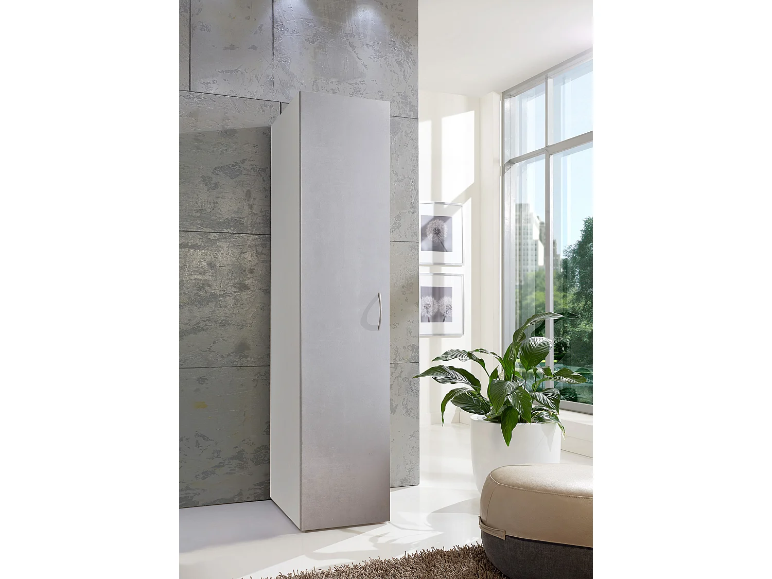 Armoire, meuble de rangement coloris blanc, rechampis imitation béton gris clair