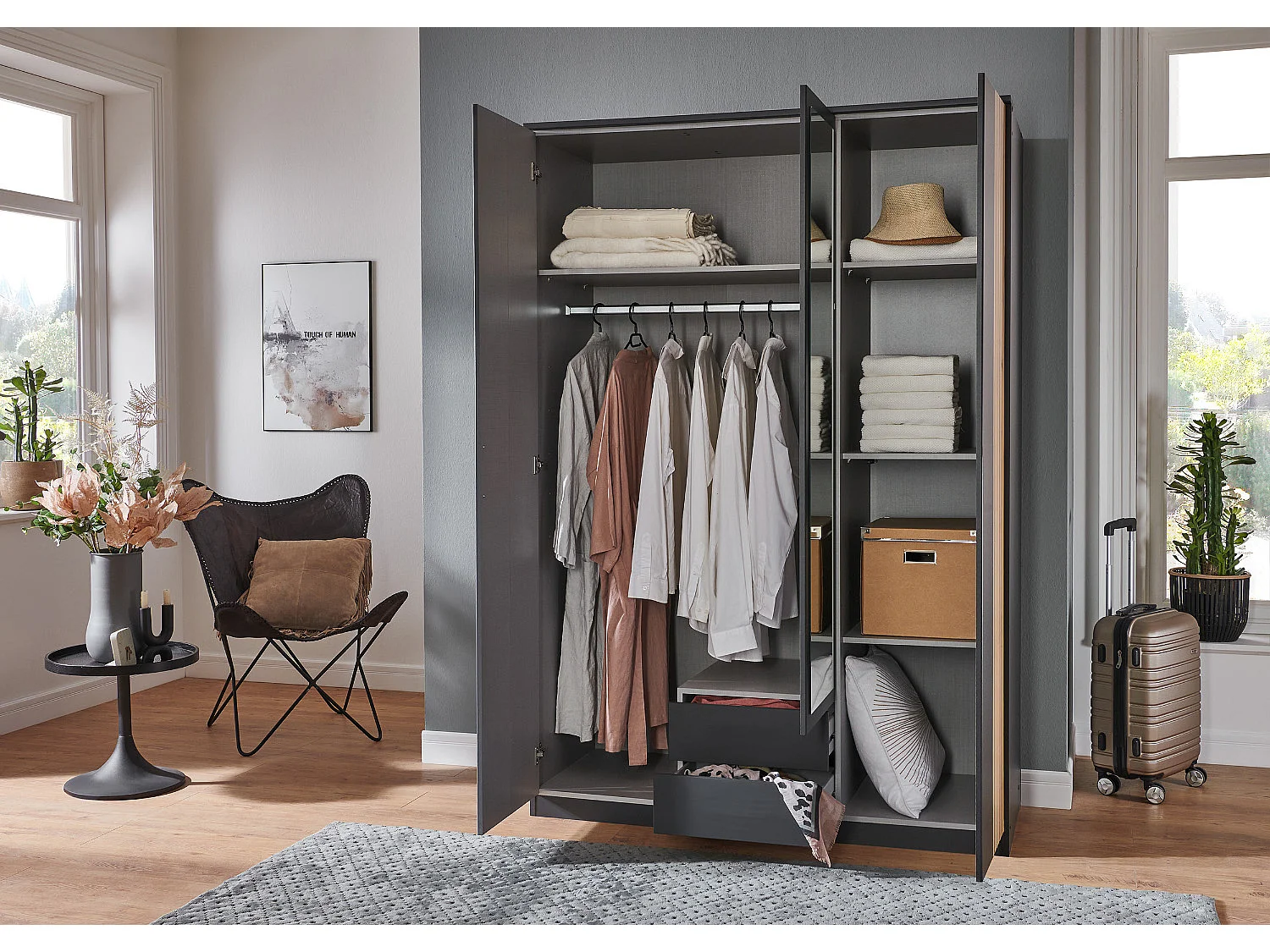 Armoire Placard avec miroir coloris graphite, rechampis imitation chêne artisan