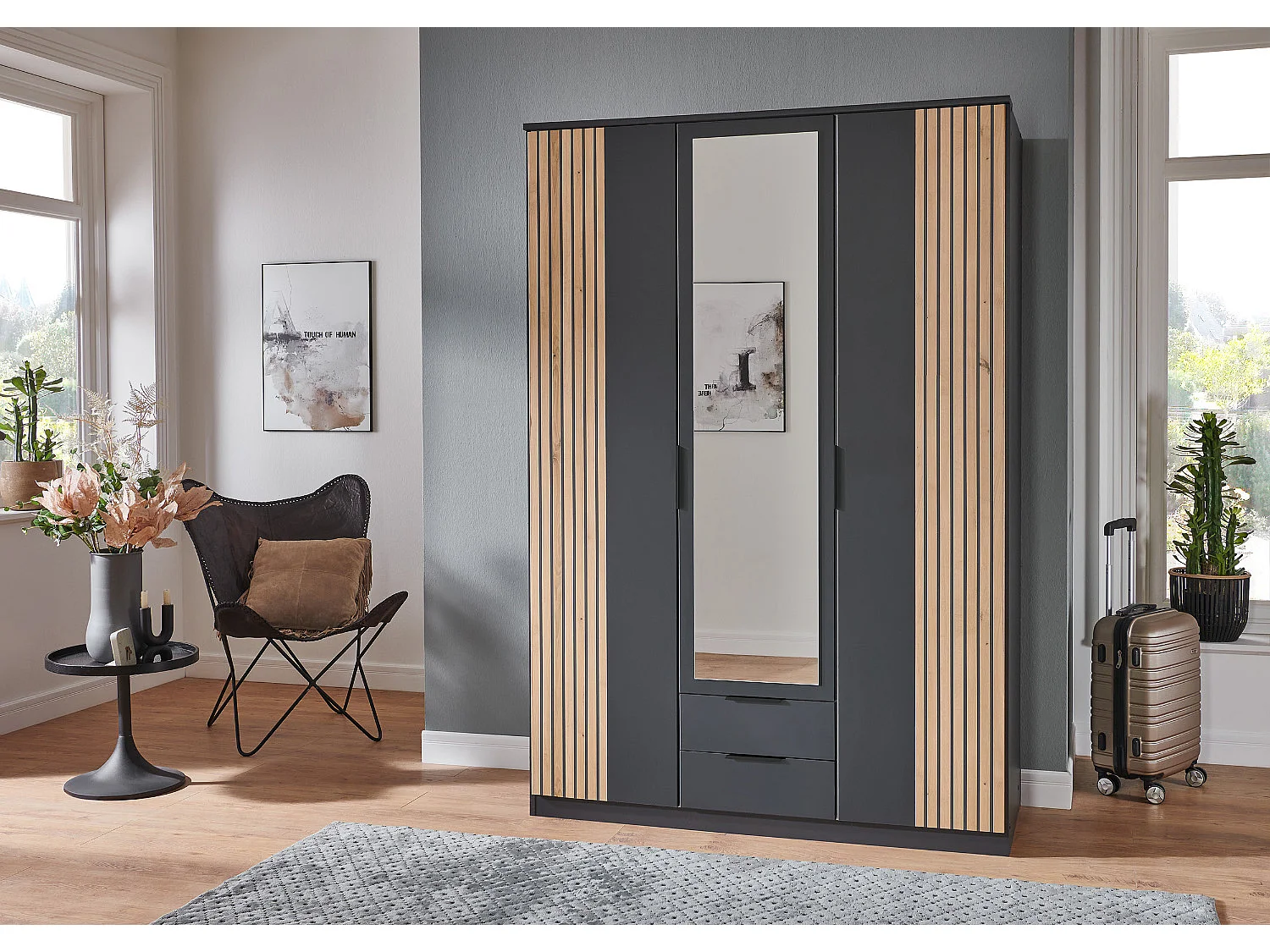 Armoire Placard avec miroir coloris graphite, rechampis imitation chêne artisan