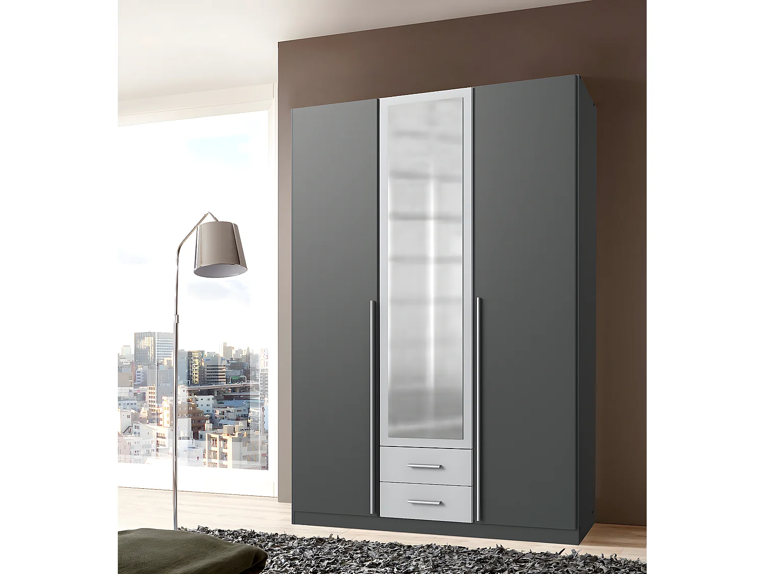 Armoire placard meuble de rangement coloris graphite/gris clair - L. 135 x H. 197 x P. 58 cm