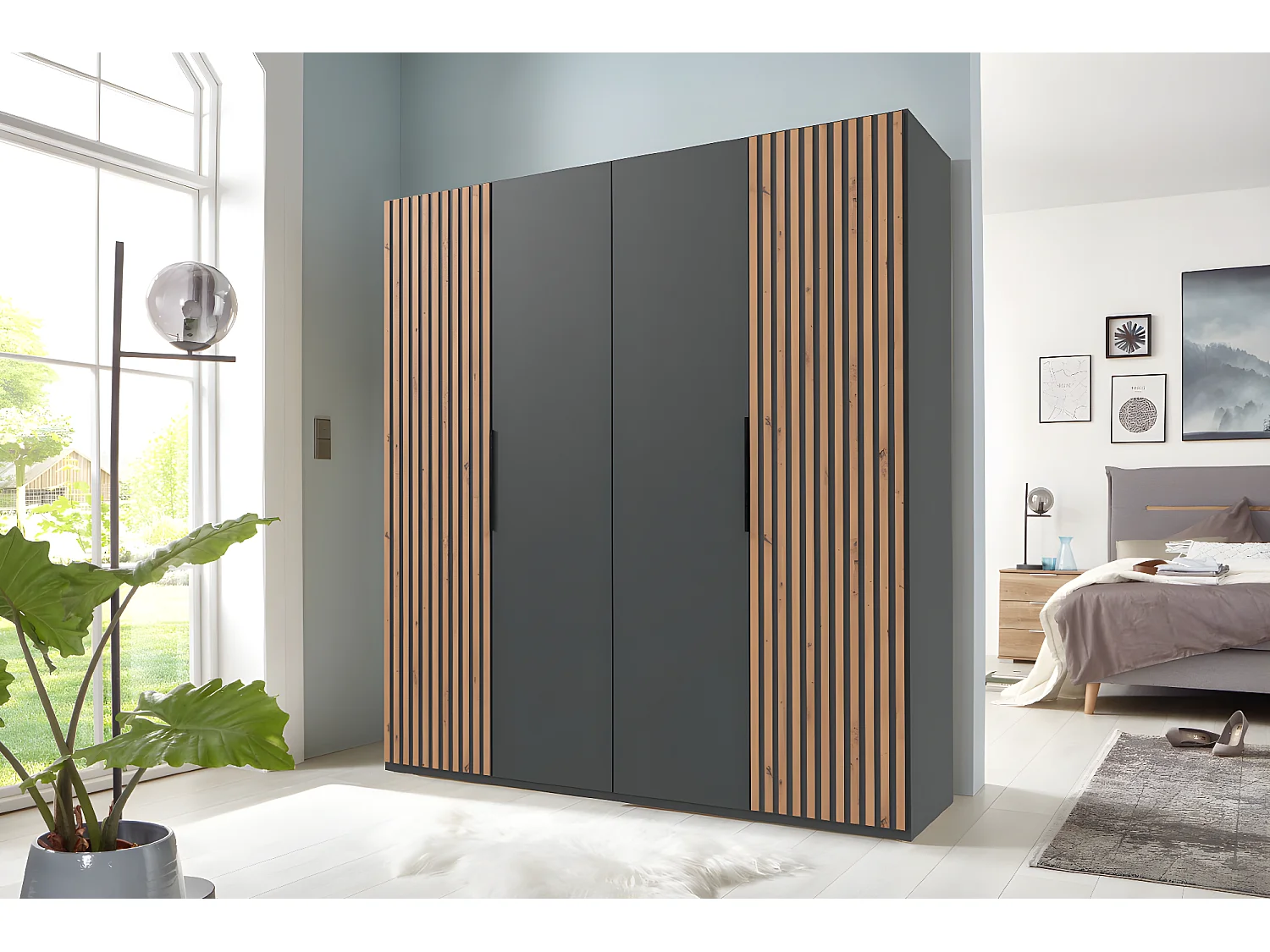 Armoire, placard coloris graphite, imitation chêne Artisan - L. 200 x H. 216 x P. 58 cm 