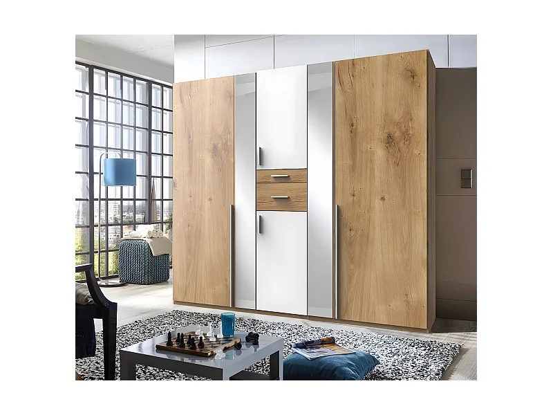 Armoire placard meuble de rangement coloris imitation chêne poutre/blanc