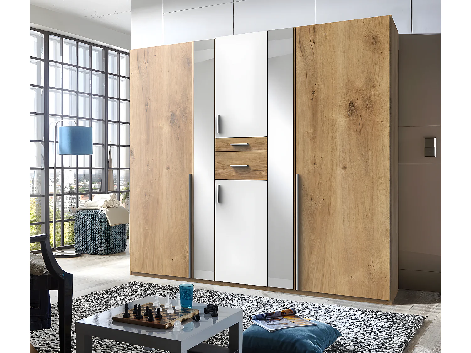 Armoire placard meuble de rangement coloris imitation chêne poutre/blanc