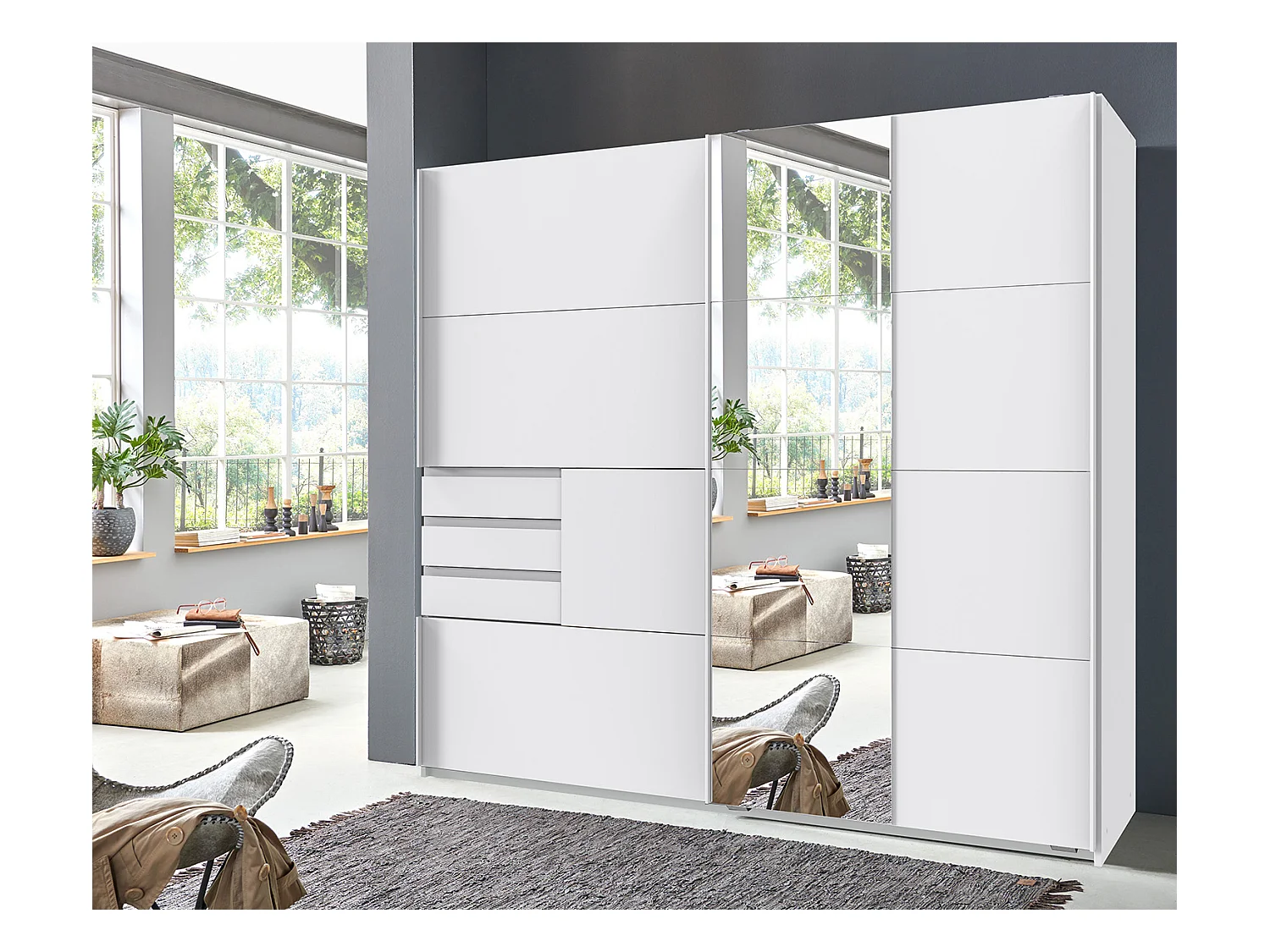Armoire, meuble de rangement coloris Blanc, rechampis imitation blanc - L. 180 x H. 198 x P. 65 cm 