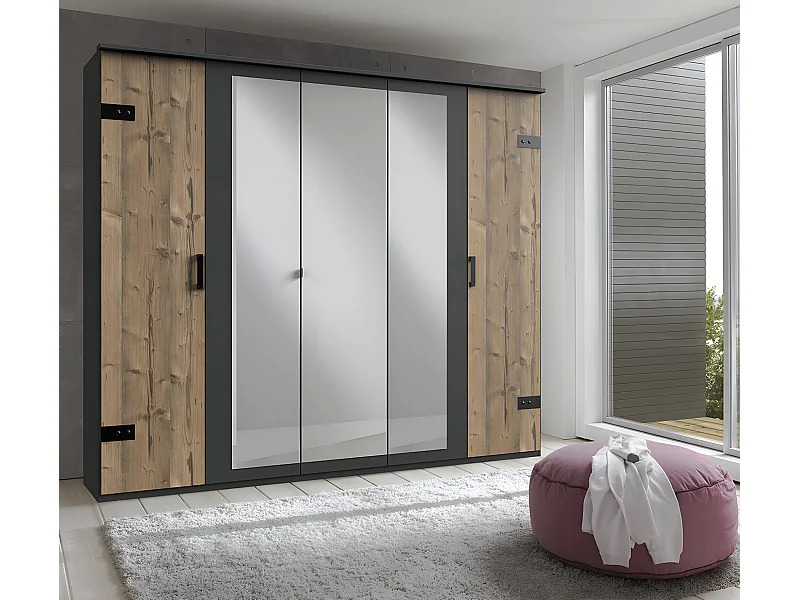 Armoire placard meuble de rangement coloris imitation chêne/gris foncé - L. 225 x H. 210 x P. 58 cm