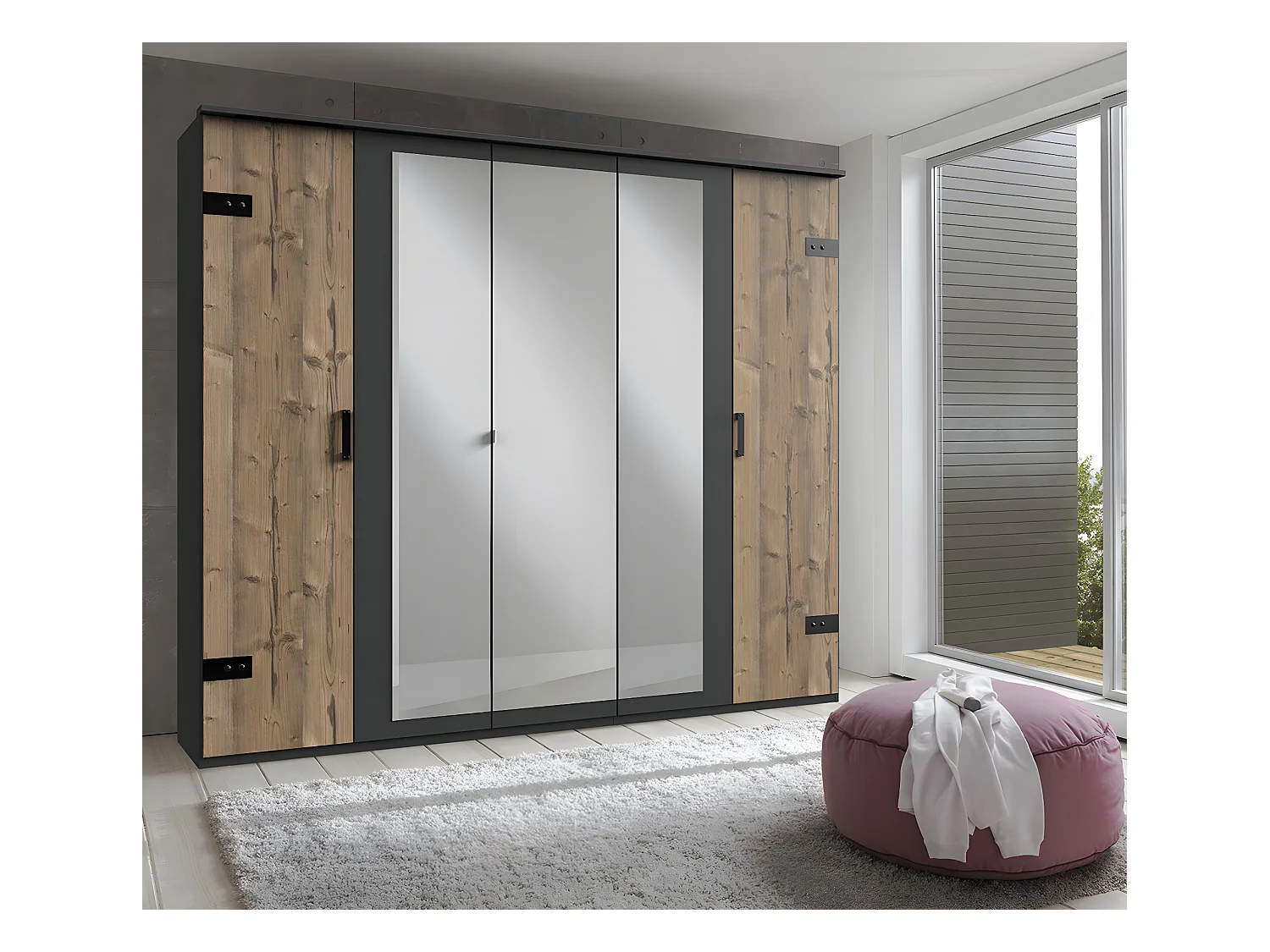 Armoire placard meuble de rangement coloris imitation chêne/gris foncé - L. 225 x H. 210 x P. 58 cm