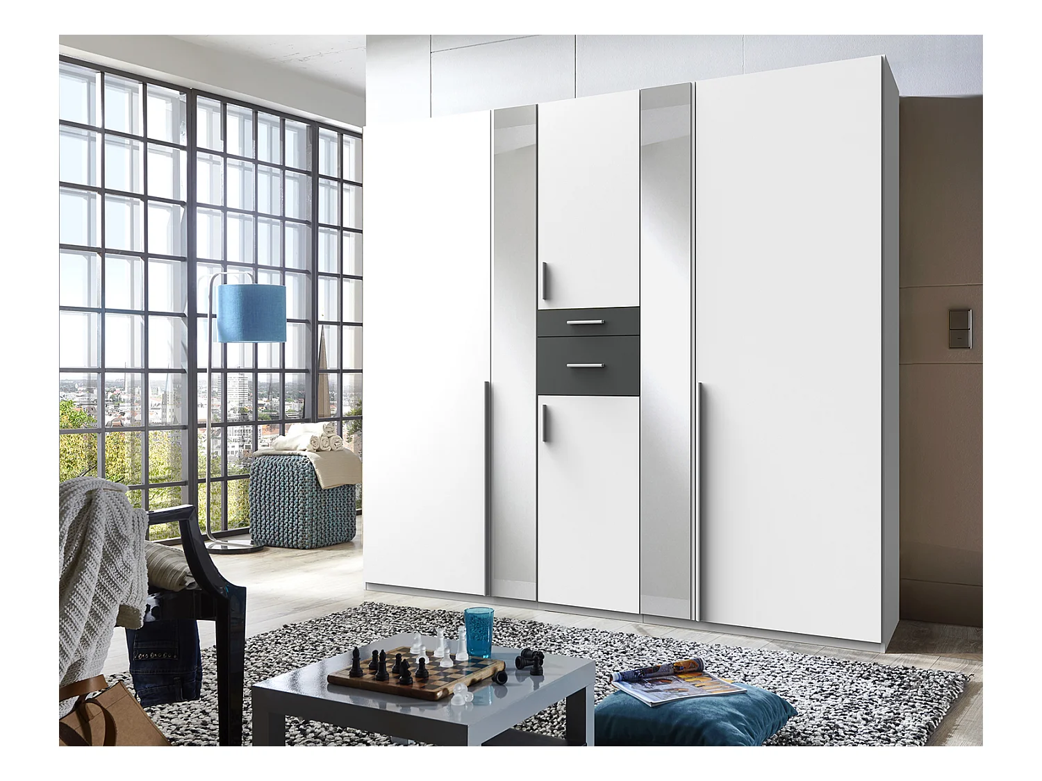 Armoire placard meuble de rangement coloris blanc/graphite - L. 225 x P. 208 x H. 58 cm
