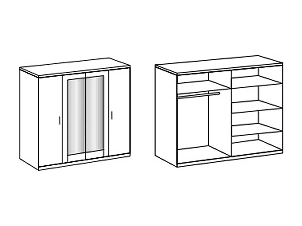 Armoire avec miroir de 4 portes coloris Imitation chêne Hickory rechampis graphite - Longueur 225 x Hauteur 210 x Profondeur  58 cm
