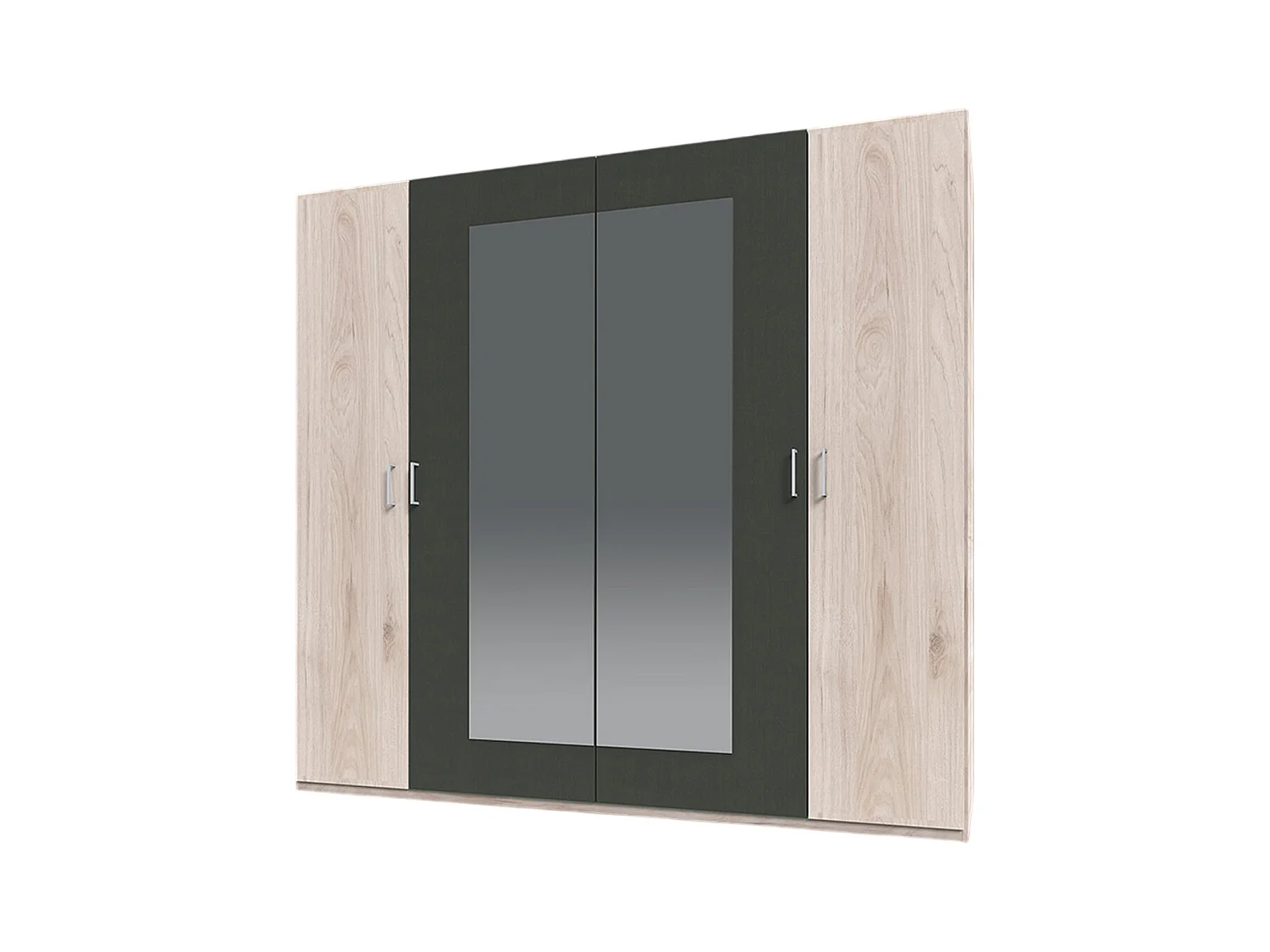 Armoire avec miroir de 4 portes coloris Imitation chêne Hickory rechampis graphite - Longueur 225 x Hauteur 210 x Profondeur  58 cm